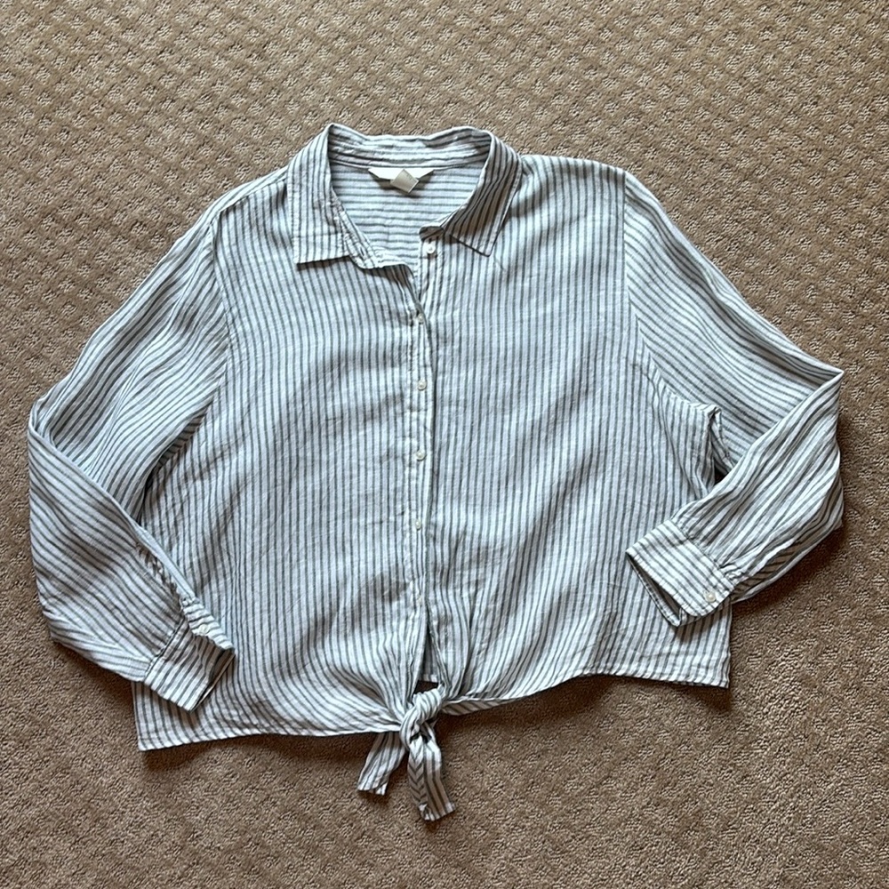 H&M Linen Green & White Striped Button-Up Women's Top XL - Picture 2 of 13